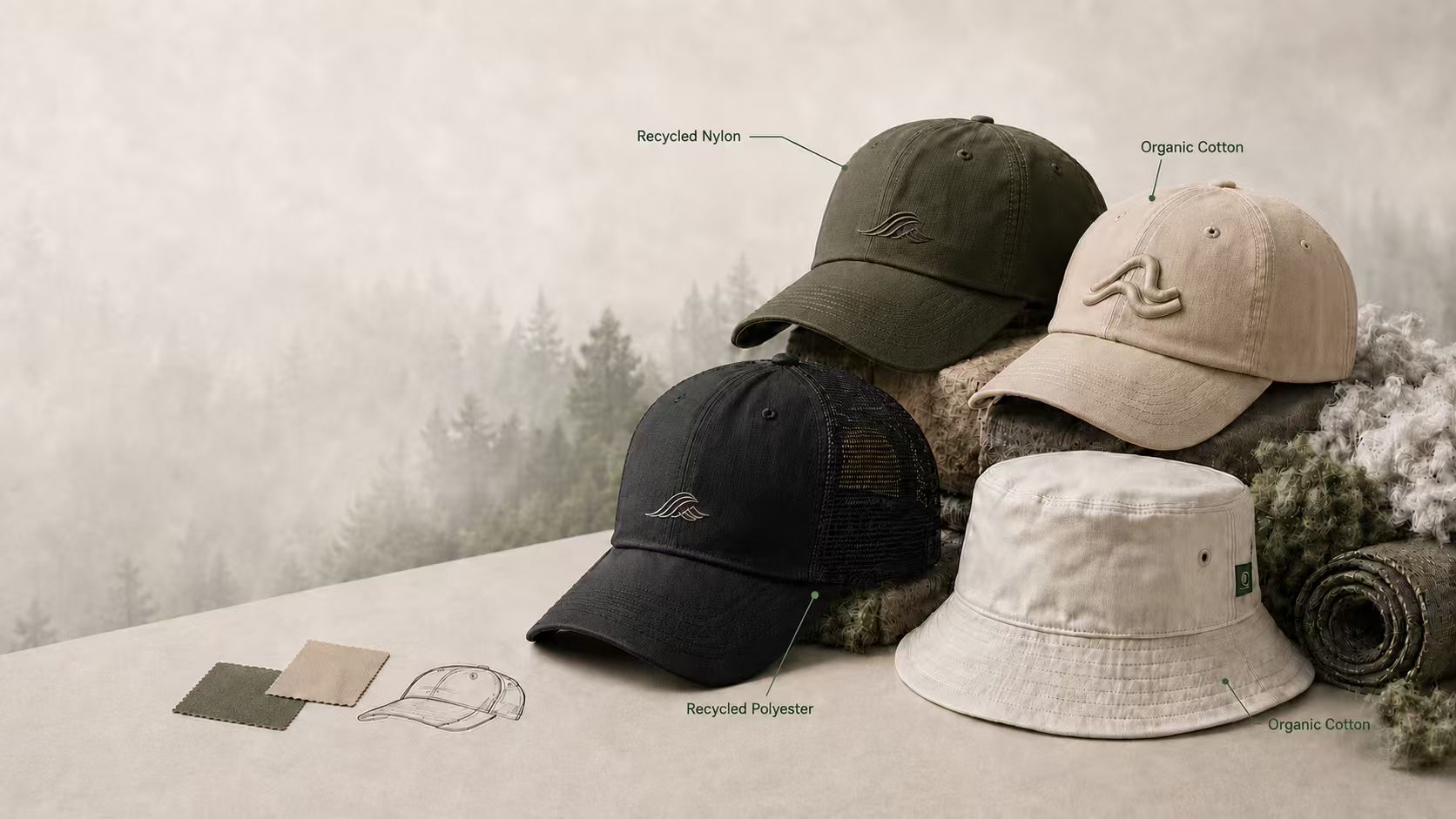 Sustainable custom headwear — recycled nylon, organic cotton and recycled polyester caps